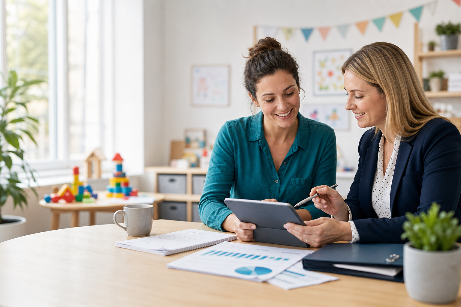A childcare business owner and adviser reviewing plans in a bright nursery office